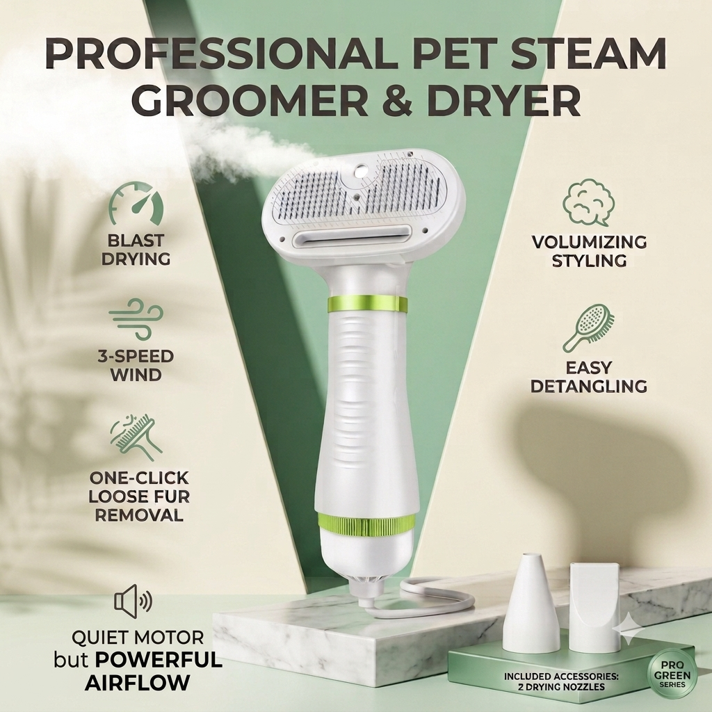 Pet Hair Dryer & Steaming Grooming Brush