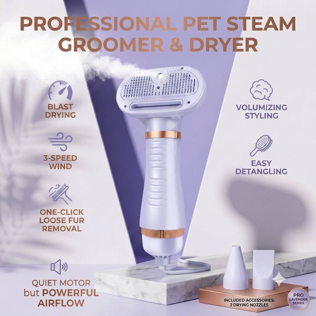 Pet Hair Dryer & Steaming Grooming Brush