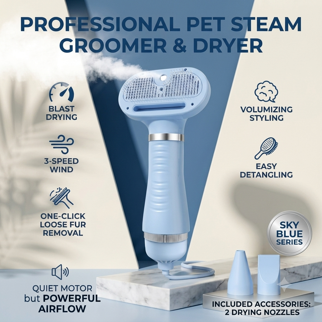 Pet Hair Dryer & Steaming Grooming Brush